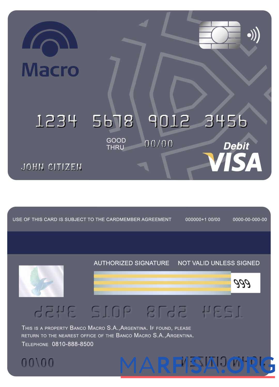 Printable Argentina Banco Macro S.A. bank visa card example